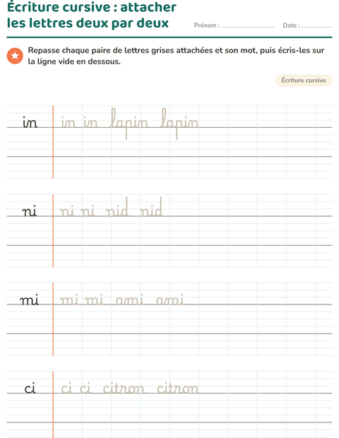Aperçu de la fiche Écriture cursive pour CE1 (cours élémentaire 1)