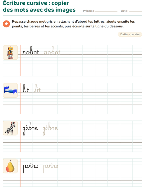 Aperçu de la fiche Écriture cursive pour CE1 (cours élémentaire 1)