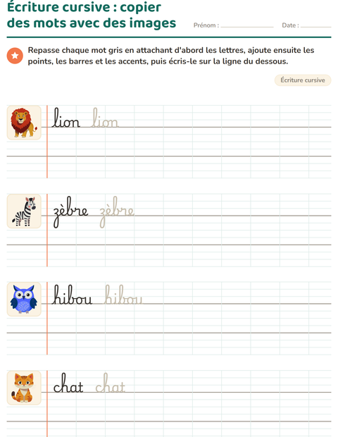 Aperçu de la fiche Écriture cursive pour CE1 (cours élémentaire 1)
