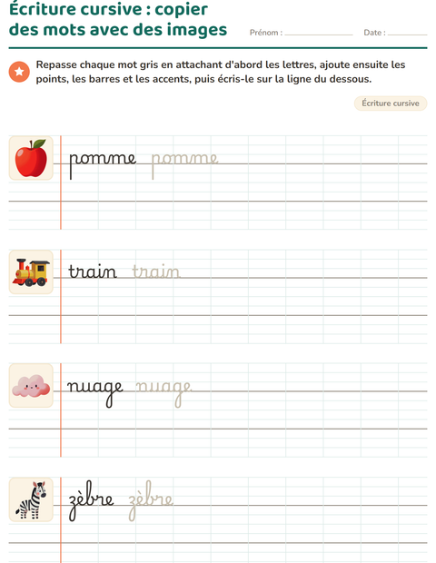 Aperçu de la fiche Écriture cursive pour CE1 (cours élémentaire 1)
