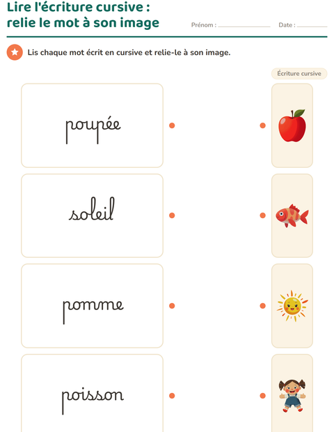 Aperçu de la fiche Écriture cursive pour CE1 (cours élémentaire 1)