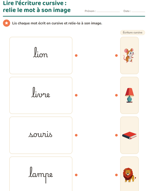 Aperçu de la fiche Écriture cursive pour CE1 (cours élémentaire 1)