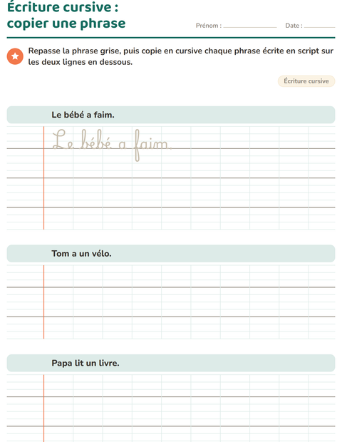 Aperçu de la fiche Écriture cursive pour CE2 (cours élémentaire 2)