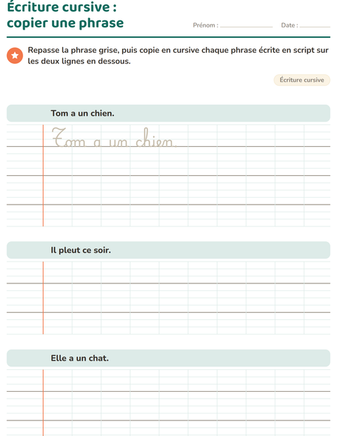 Aperçu de la fiche Écriture cursive pour CE2 (cours élémentaire 2)