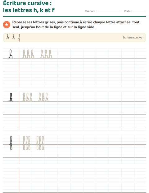 Aperçu de la fiche Écriture cursive pour CE1 (cours élémentaire 1)