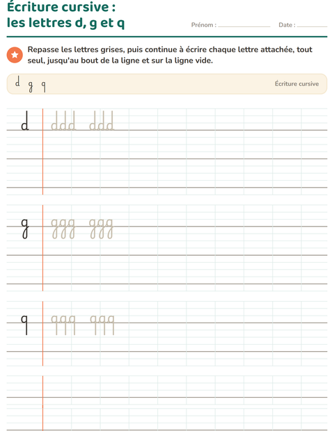 Aperçu de la fiche Écriture cursive pour CE1 (cours élémentaire 1)