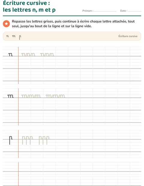 Aperçu de la fiche Écriture cursive pour CE1 (cours élémentaire 1)