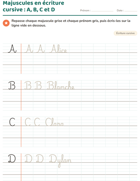 Aperçu de la fiche Écriture cursive pour CE1 (cours élémentaire 1)