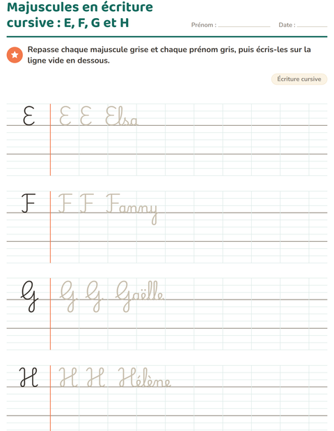 Aperçu de la fiche Écriture cursive pour CE1 (cours élémentaire 1)
