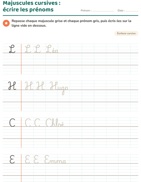 Majuscules cursives : écrire les prénoms