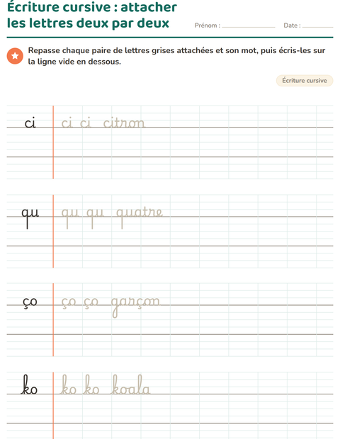 Aperçu de la fiche Écriture cursive pour CE1 (cours élémentaire 1)