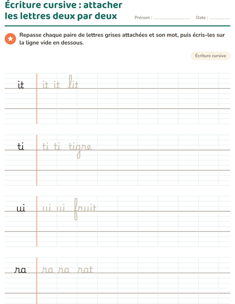 Aperçu de la fiche Écriture cursive pour CE1 (cours élémentaire 1)