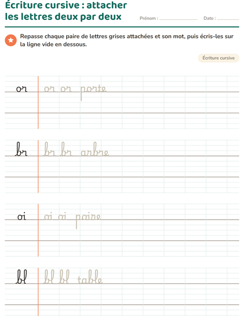 Écriture cursive : attacher les lettres deux par deux
