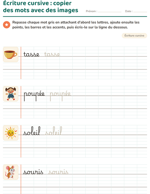 Aperçu de la fiche Écriture cursive pour CE1 (cours élémentaire 1)