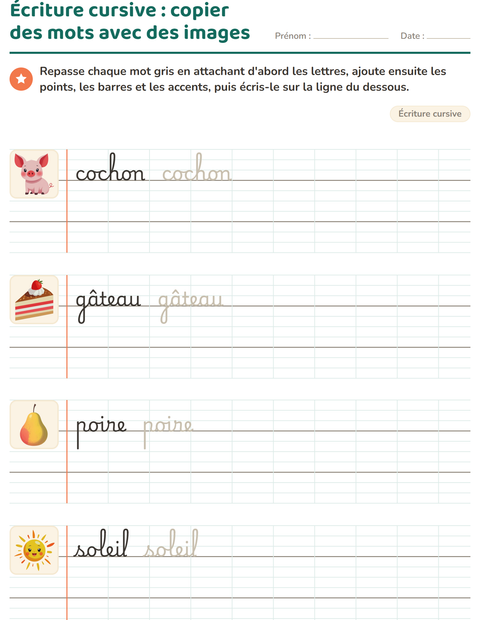 Aperçu de la fiche Écriture cursive pour CE1 (cours élémentaire 1)