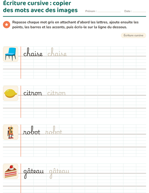 Aperçu de la fiche Écriture cursive pour CE1 (cours élémentaire 1)