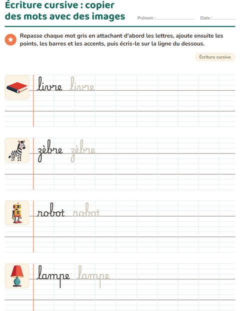 Aperçu de la fiche Écriture cursive pour CE1 (cours élémentaire 1)