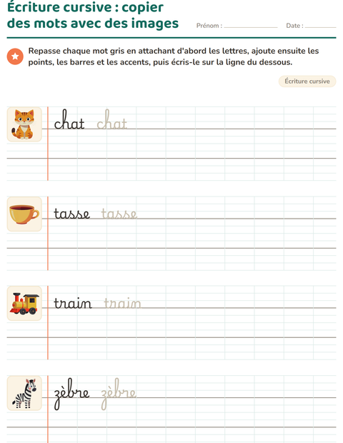 Aperçu de la fiche Écriture cursive pour CE1 (cours élémentaire 1)