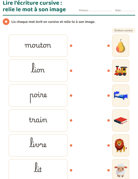 Aperçu de la fiche Écriture cursive pour CE1 (cours élémentaire 1)
