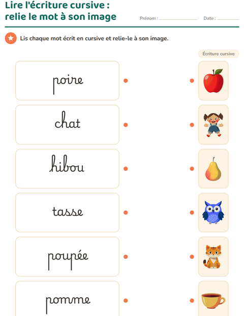 Aperçu de la fiche Écriture cursive pour CE1 (cours élémentaire 1)