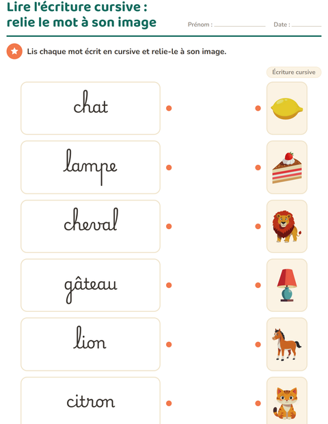 Aperçu de la fiche Écriture cursive pour CE1 (cours élémentaire 1)