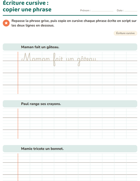 Aperçu de la fiche Écriture cursive pour CE2 (cours élémentaire 2)