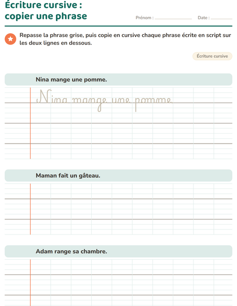 Aperçu de la fiche Écriture cursive pour CE2 (cours élémentaire 2)