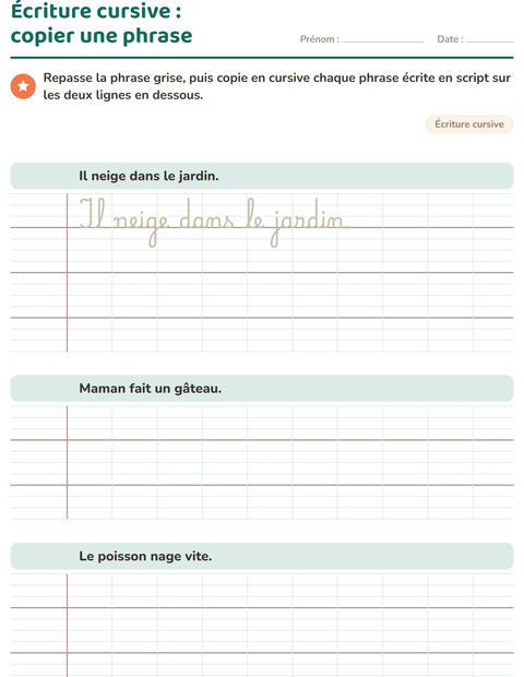 Aperçu de la fiche Écriture cursive pour CE2 (cours élémentaire 2)