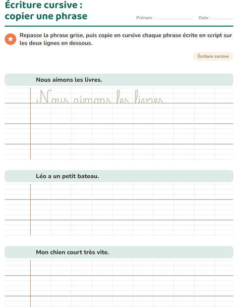 Aperçu de la fiche Écriture cursive pour CE2 (cours élémentaire 2)