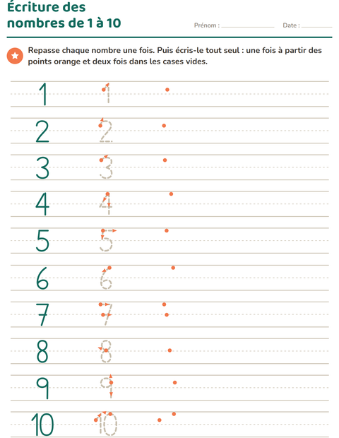 Aperçu de la fiche Écriture des chiffres pour École maternelle (grande section, 5-7 ans)