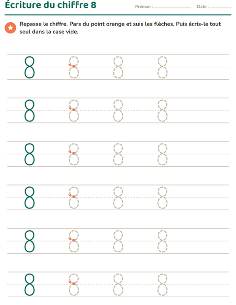Aperçu de la fiche Écriture des chiffres pour École maternelle (grande section, 5-7 ans)