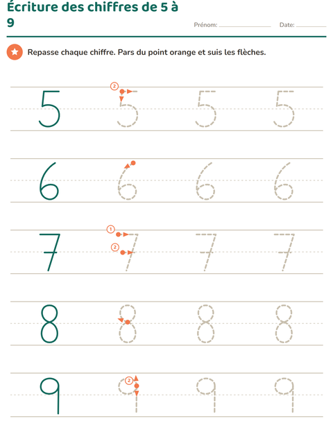 Écriture des chiffres de 5 à 9 en grand format