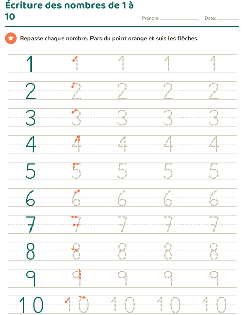 Écriture des nombres de 1 à 10