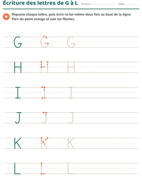 Aperçu de la fiche Écriture des lettres pour École maternelle (grande section, 5-7 ans)