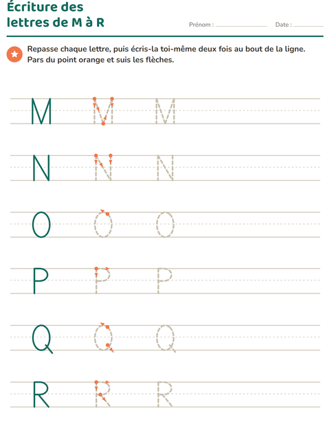 Aperçu de la fiche Écriture des lettres pour École maternelle (grande section, 5-7 ans)
