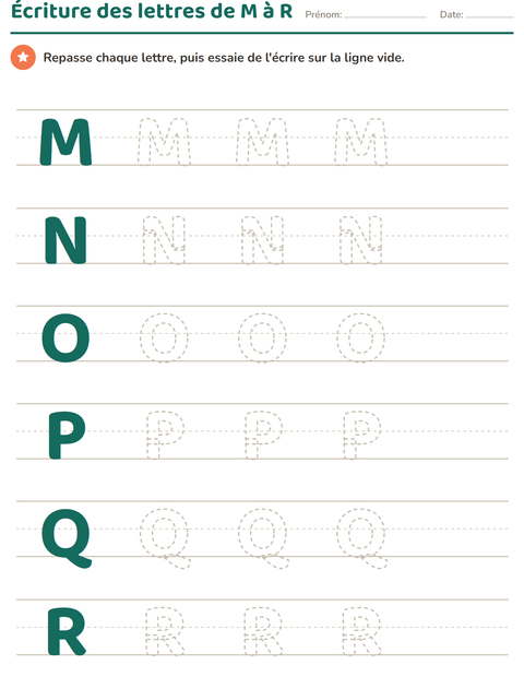 Écriture des lettres capitales de M à R