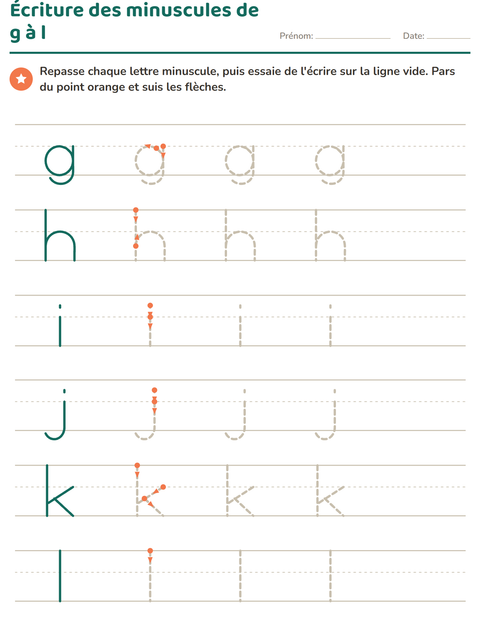 Écriture des minuscules de g à l