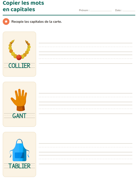 Aperçu de la fiche Écriture des mots avec Accessoires pour École maternelle (grande section, 5-7 ans)