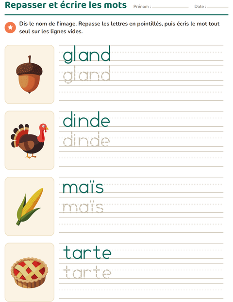 Aperçu de la fiche Écriture des mots avec Action de grâce pour École maternelle (grande section, 5-7 ans)