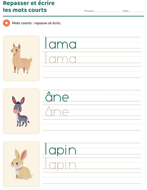 Aperçu de la fiche Écriture des mots avec Animaux de la ferme pour École maternelle (grande section, 5-7 ans)