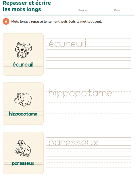 Aperçu de la fiche Écriture des mots avec Animaux NB 2 pour École maternelle (grande section, 5-7 ans)