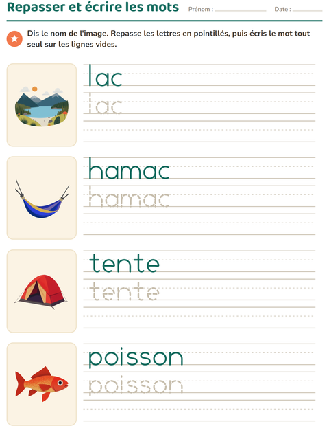 Aperçu de la fiche Écriture des mots avec Camping pour École maternelle (grande section, 5-7 ans)