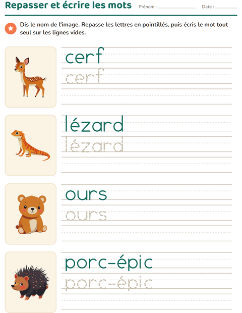 Aperçu de la fiche Écriture des mots avec Créatures de la forêt pour École maternelle (grande section, 5-7 ans)
