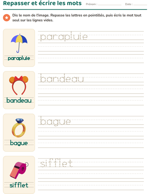 Aperçu de la fiche Écriture des mots avec Accessoires pour École maternelle (grande section, 5-7 ans)