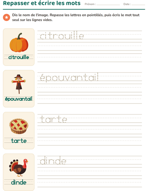 Aperçu de la fiche Écriture des mots avec Action de grâce pour École maternelle (grande section, 5-7 ans)