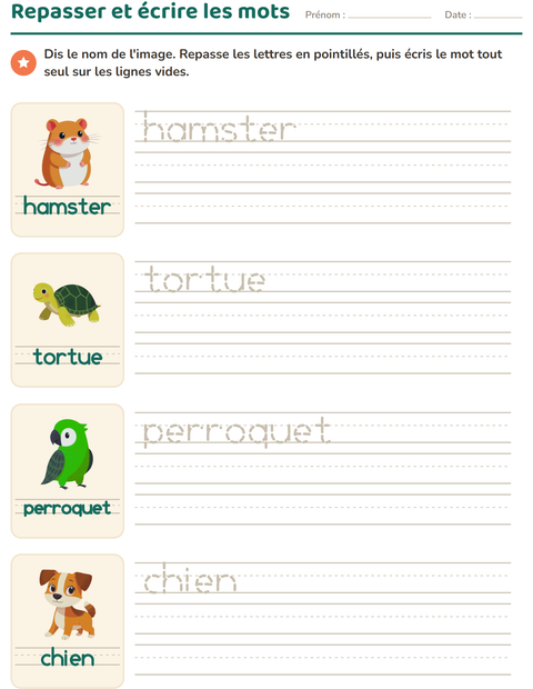 Aperçu de la fiche Écriture des mots avec Animaux de compagnie pour École maternelle (grande section, 5-7 ans)