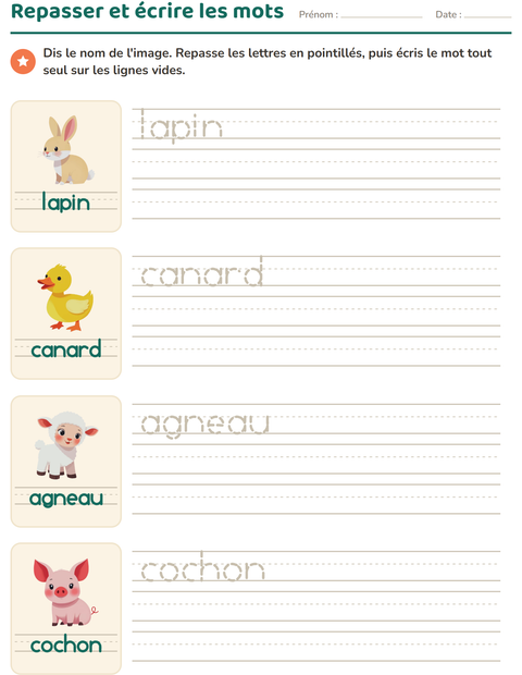 Aperçu de la fiche Écriture des mots avec Animaux de la ferme pour École maternelle (grande section, 5-7 ans)