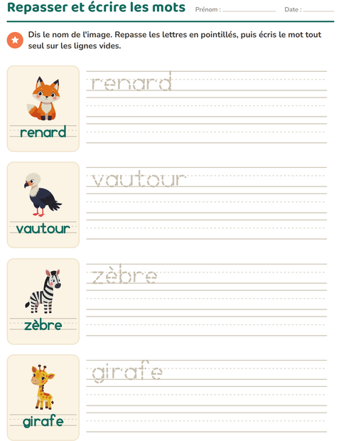 Aperçu de la fiche Écriture des mots avec Animaux pour École maternelle (grande section, 5-7 ans)