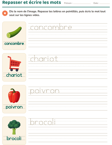 Aperçu de la fiche Écriture des mots avec Au supermarché pour École maternelle (grande section, 5-7 ans)