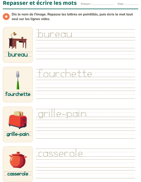 Aperçu de la fiche Écriture des mots avec Autour de la maison pour École maternelle (grande section, 5-7 ans)